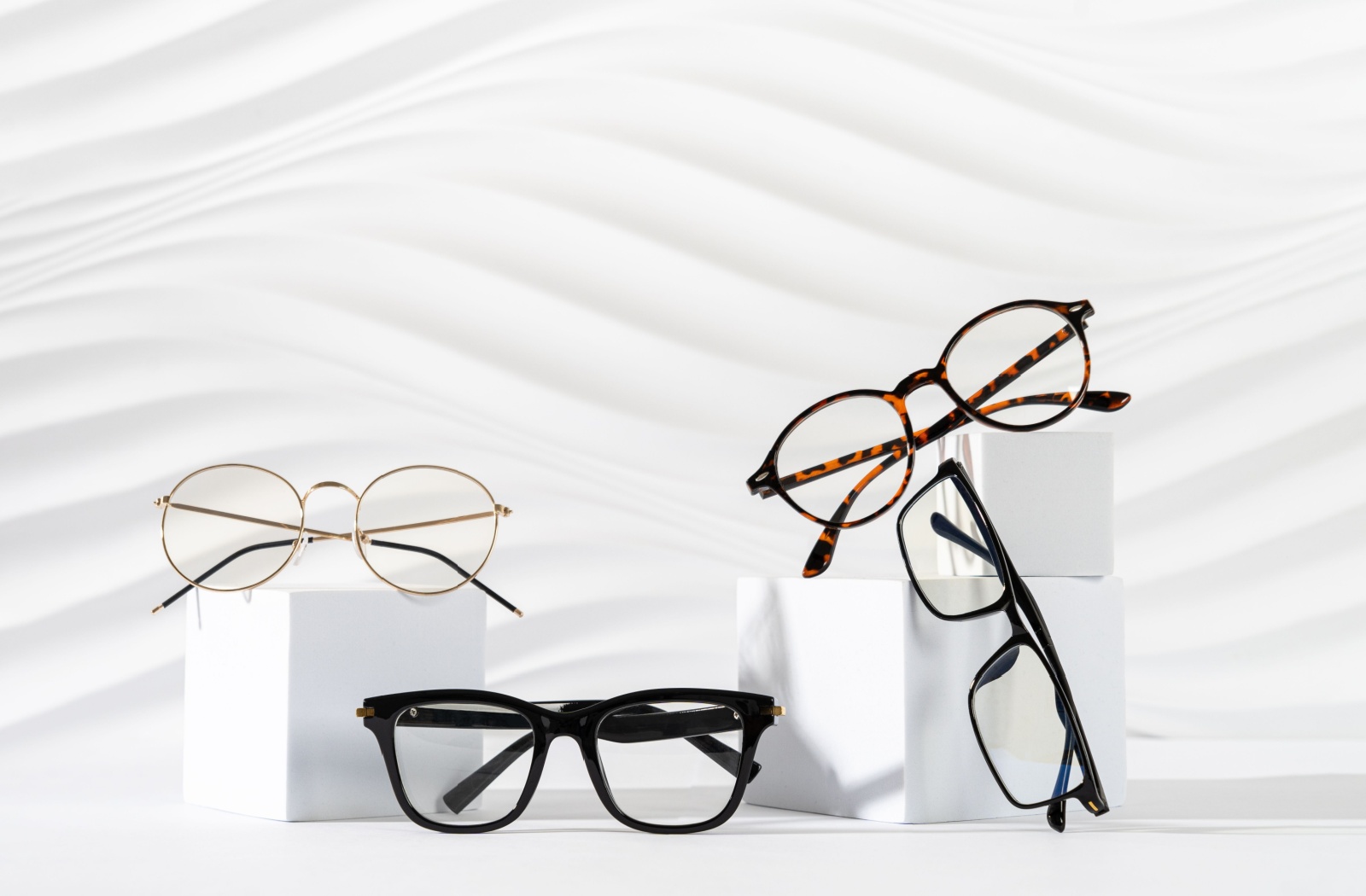 Various eyeglasses are on display which is one of the treatment options for myopia.