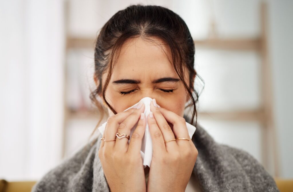 A person with brown hair tied in a ponytail blows their nose while wrapped in a blanket.