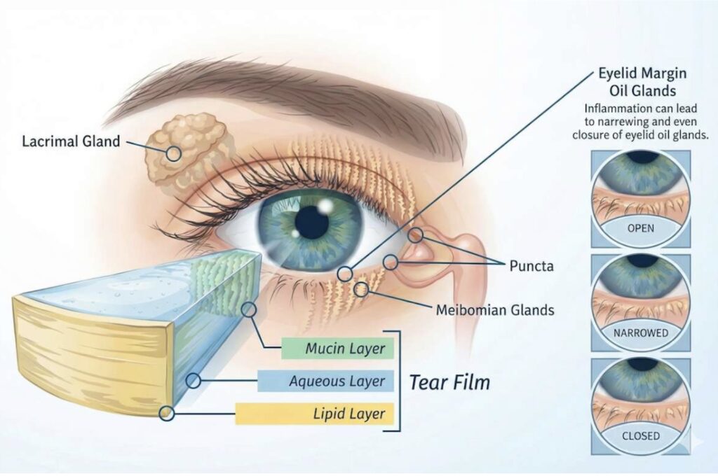 An infographic displaying meibomian gland dysfunction.