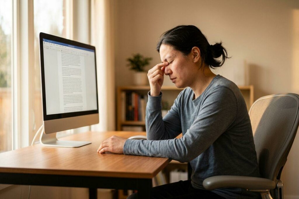 Adult sitting at a desk, eyes closed and pinching the bridge of their nose, in front of a desktop computer displaying a text document.