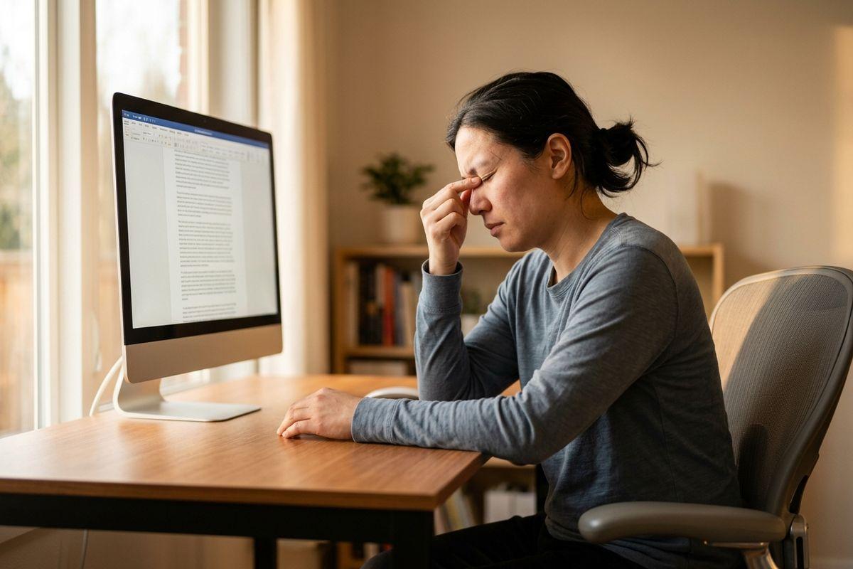 Adult sitting at a desk, eyes closed and pinching the bridge of their nose, in front of a desktop computer displaying a text document.