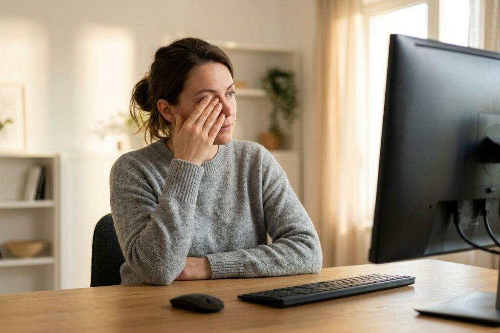 Adult sitting at a desk rubbing one eye with hand while looking at a computer monitor in a home office.