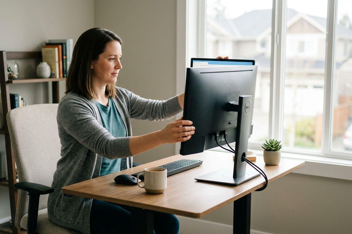 Adult sitting at a home office desk adjusting a Dell desktop monitor, with a keyboard, mouse, and coffee mug nearby.
