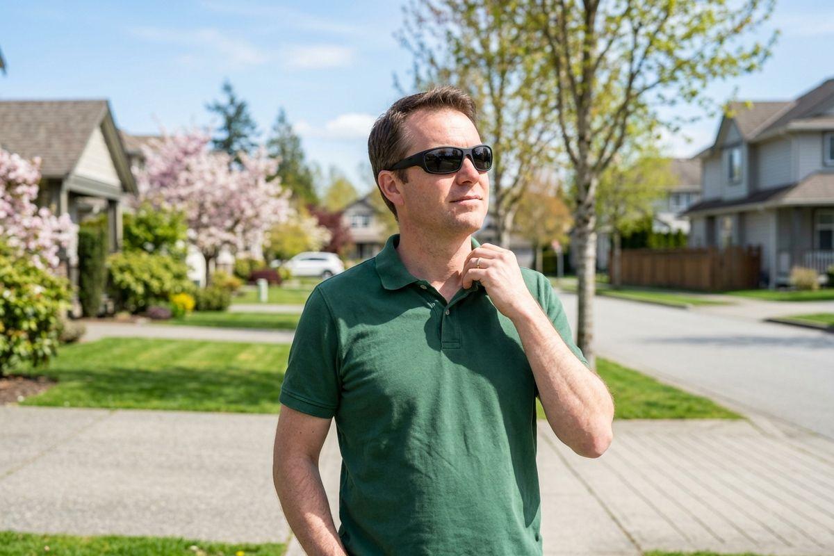 Adult wearing sunglasses and a green polo shirt standing on a sunny suburban street with blooming trees and houses in the background.