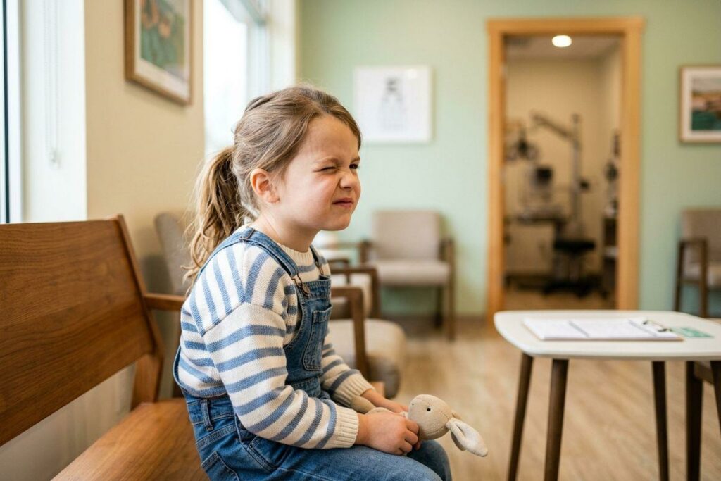 Child sitting on a bench in a medical waiting room, holding a stuffed toy with an anxious expression.