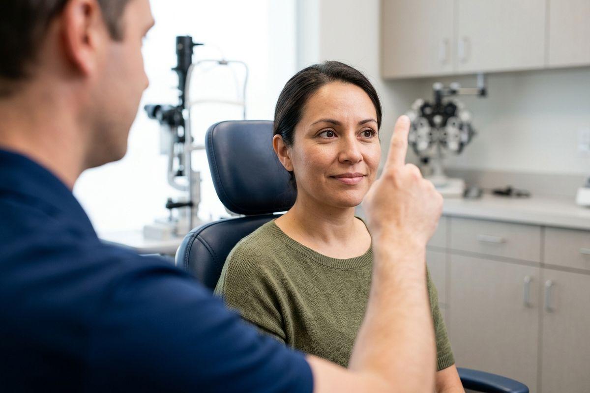 Optometrist holds up a finger while a patient sits in an exam chair, smiling, during an eye exam.