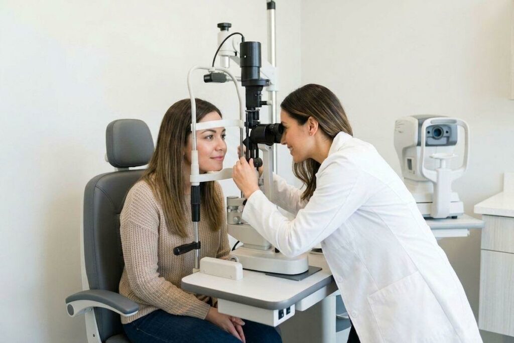 Optometrist in white coat examining a patient's eyes using a slit lamp during an eye exam in a clinical setting.
