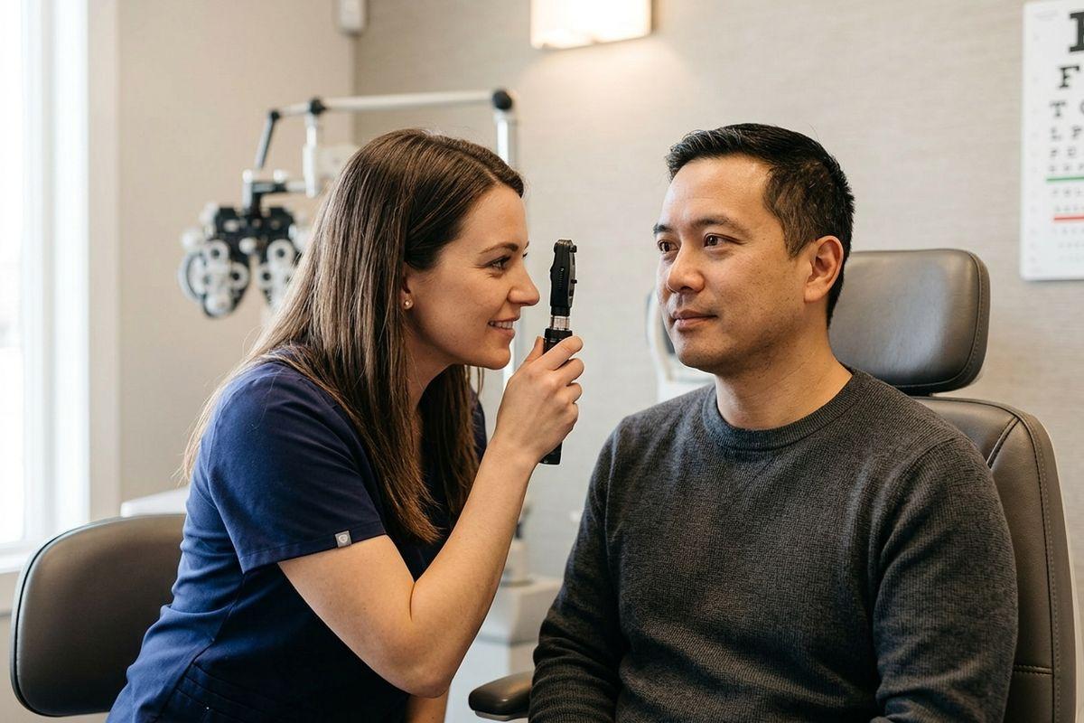 Optometrist smiling while using an ophthalmoscope to examine a seated patient's eye in an exam room with a vision chart visible.