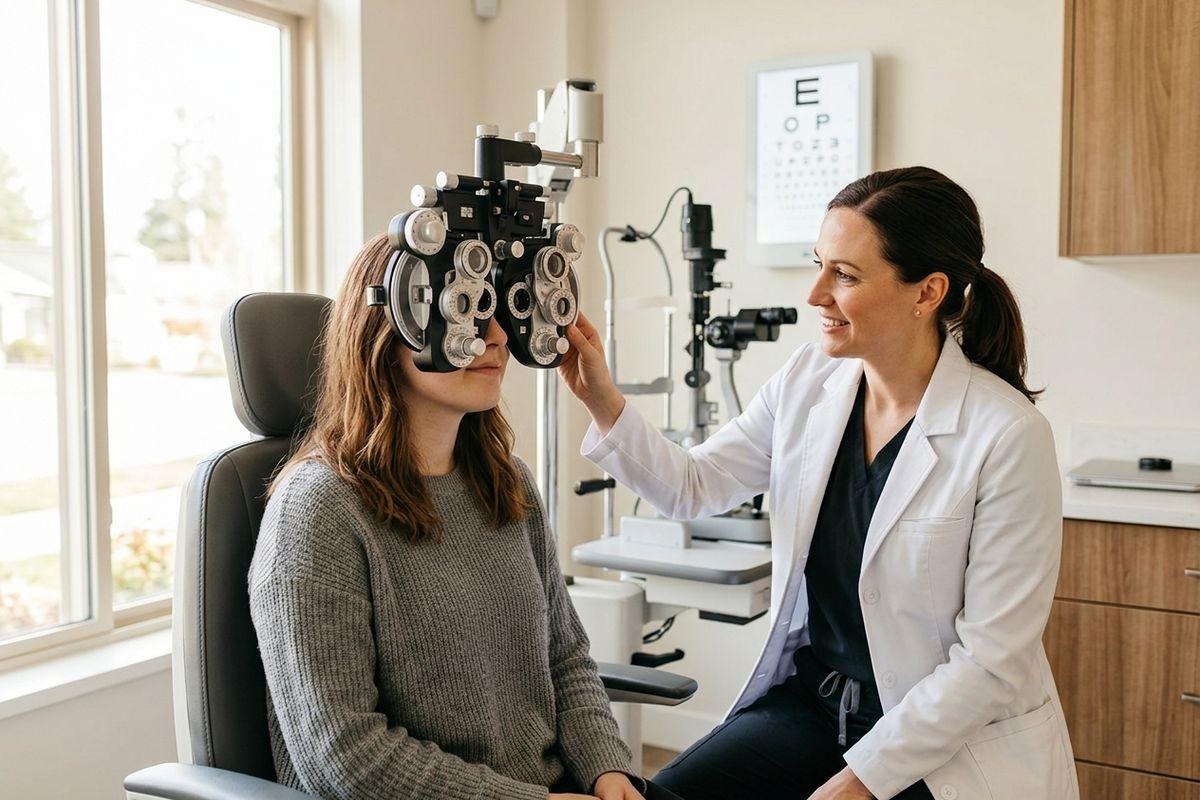 Smiling optometrist holds a phoropter over a seated patient's eyes during an eye exam, with an eye chart visible in the background.