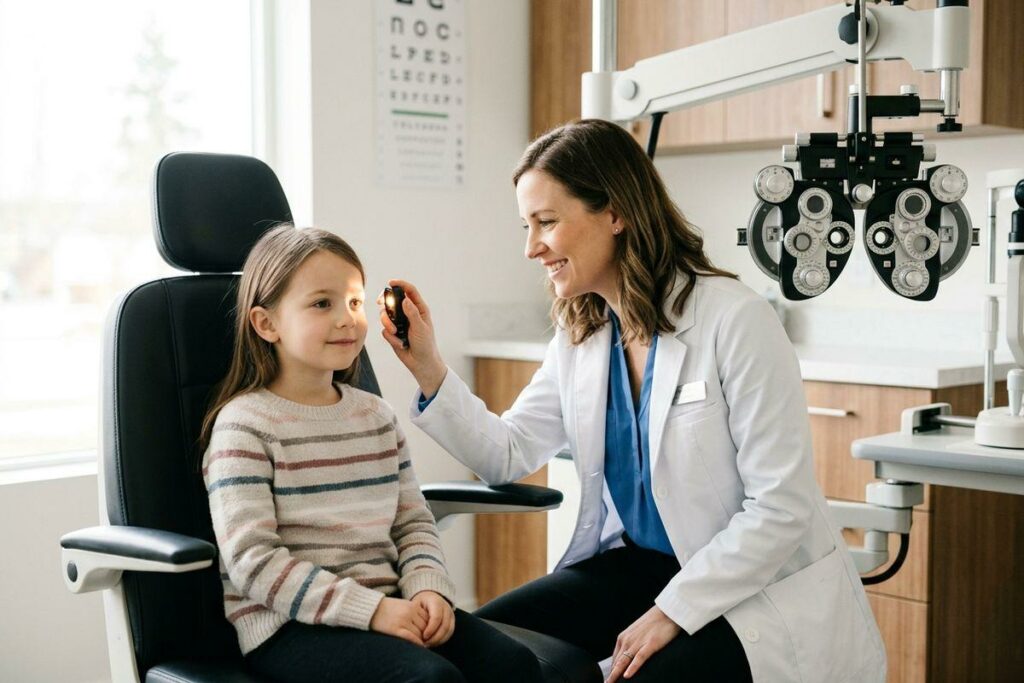 Smiling optometrist shines a light into a child's eye during an exam, with a phoropter and eye chart visible nearby.