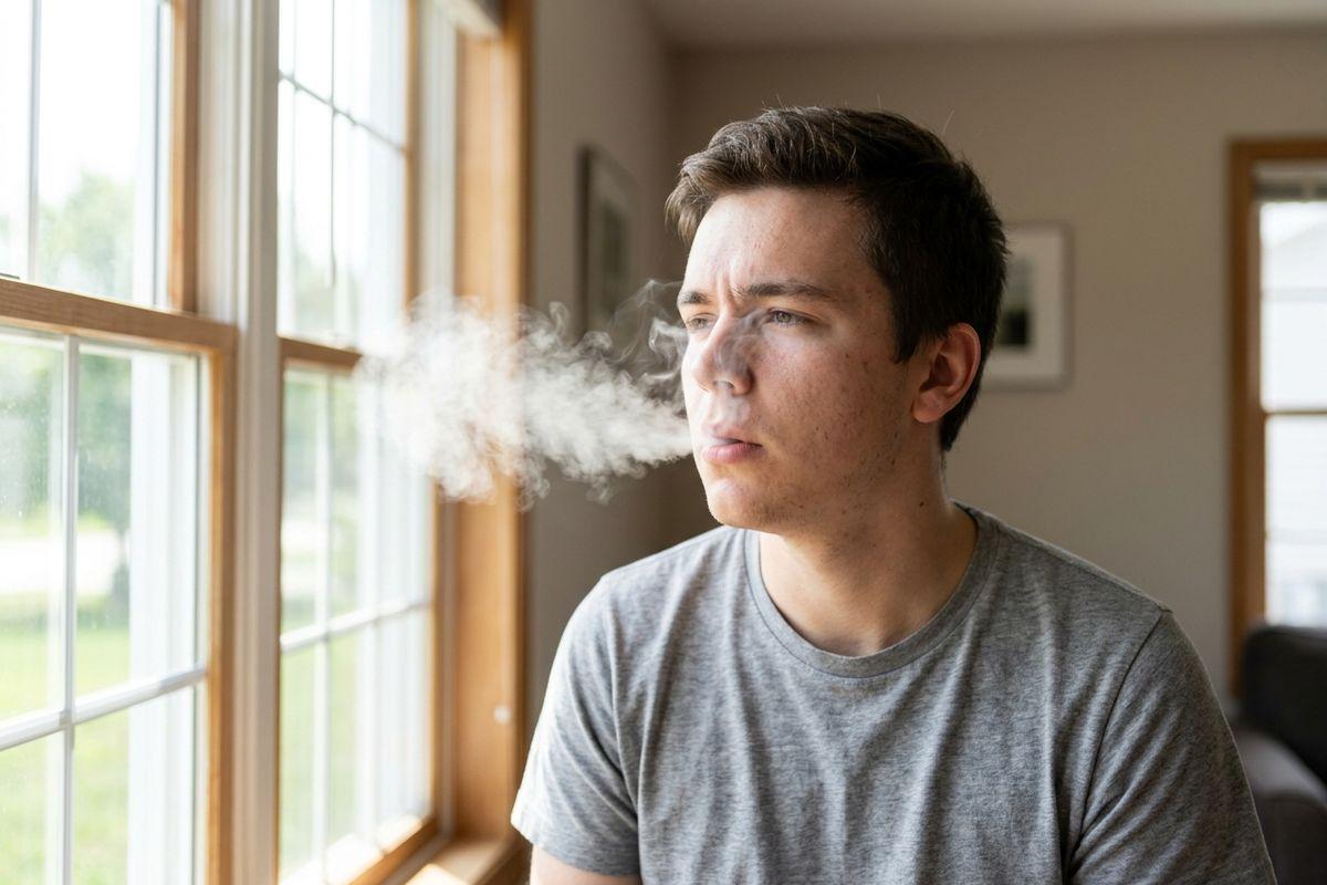 Young adult exhaling smoke indoors near a window, gazing outside with a focused expression.