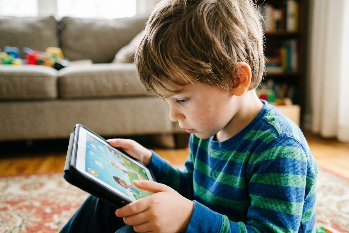 Young child sitting on a living room floor, focused on a tablet displaying a colorful educational game app.