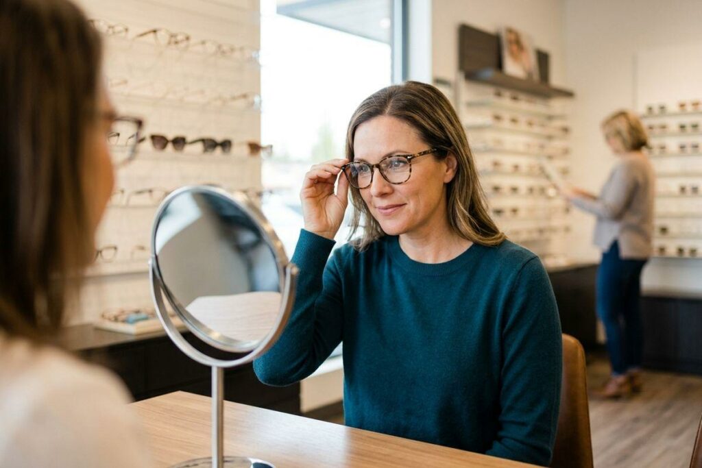 Adult trying on glasses while looking in a mirror at an eyewear store, with displays of frames behind.