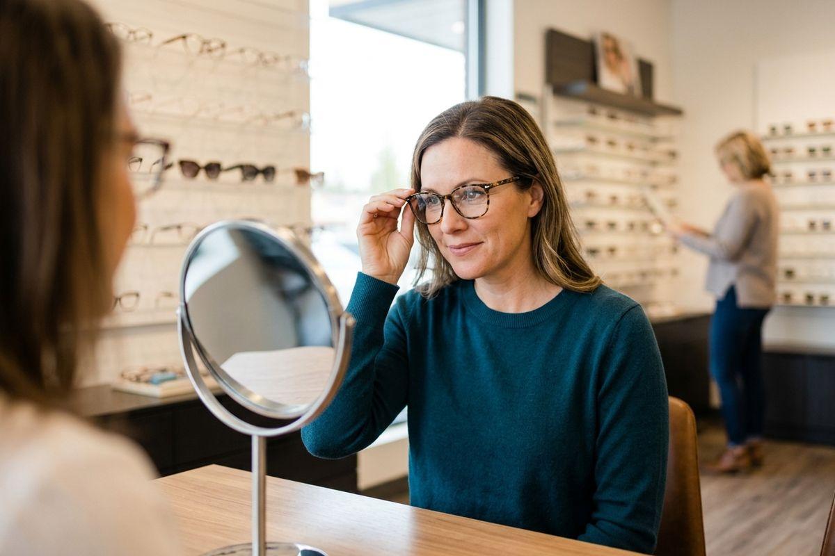 Adult trying on glasses while looking in a mirror at an eyewear store, with displays of frames behind.