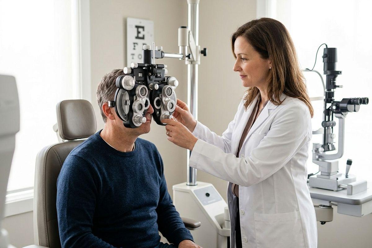 Optometrist adjusting a phoropter for a seated patient during an eye exam, with an eye chart in the background.