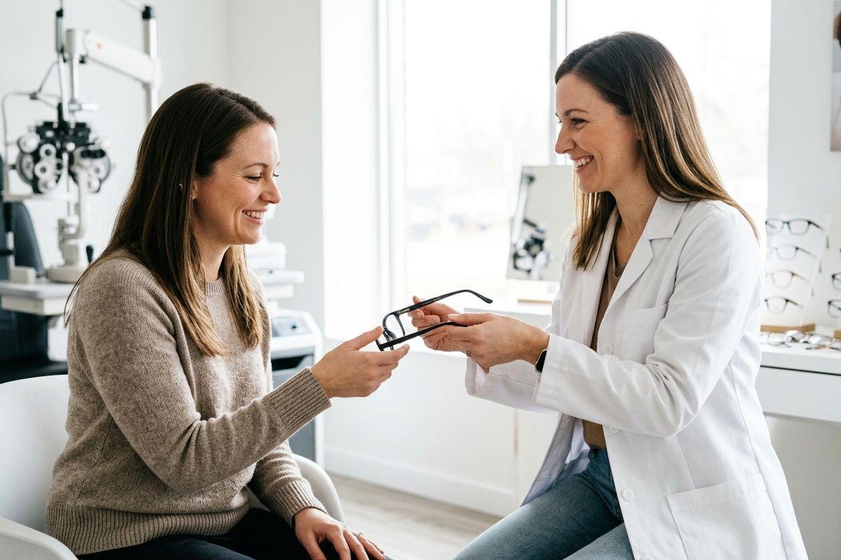 Optometrist handing eyeglasses to a smiling patient in an eye exam room with a phoropter and frame displays.