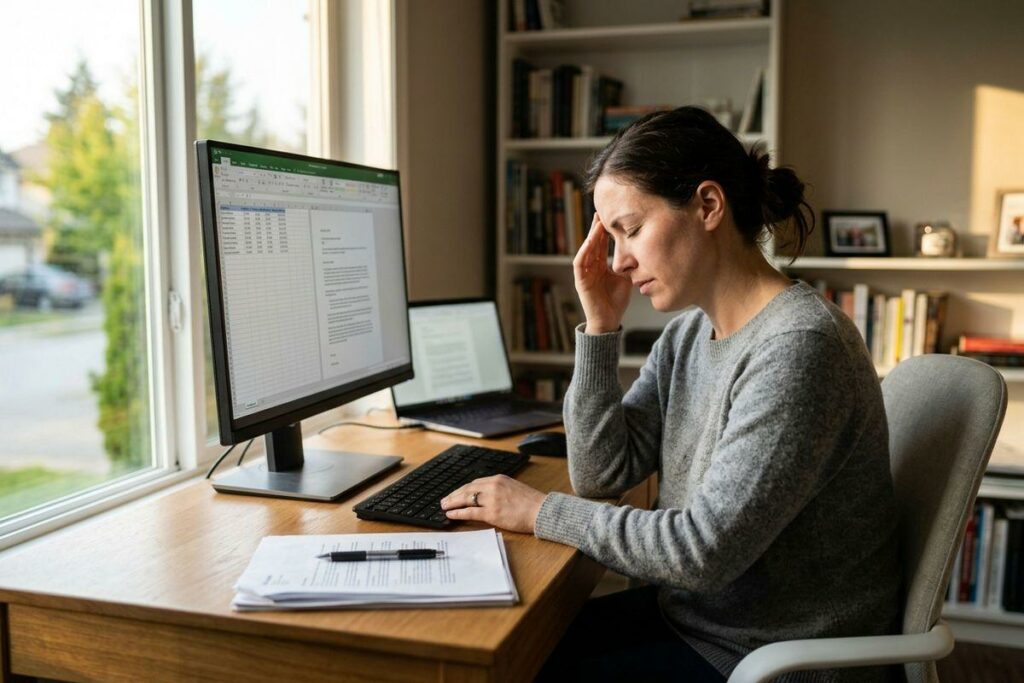 Person at a home desk with hand to forehead, eyes closed, in front of a computer showing a spreadsheet.