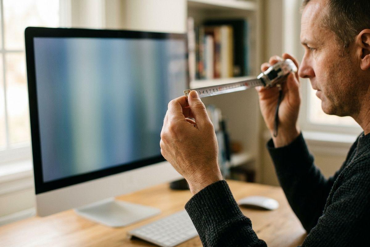 A person at a desk holding a tape measure extended from their face toward a computer monitor, focused, with a bookshelf and window behind.