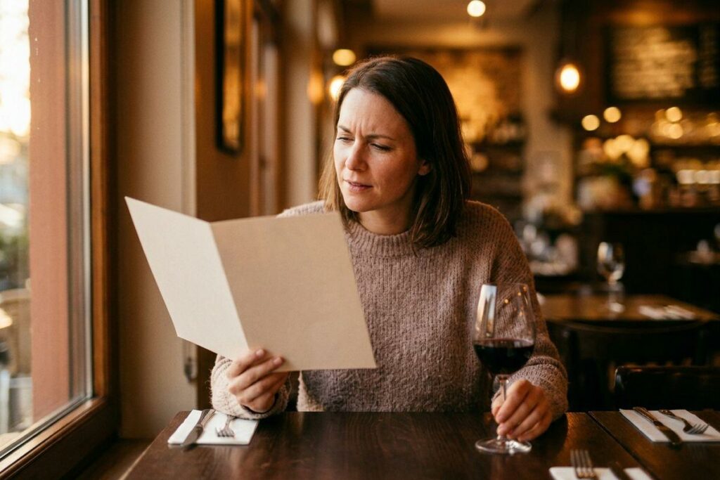 An adult in a knit sweater reading a menu at a restaurant table by a window, frowning, with a glass of red wine in their left hand.
