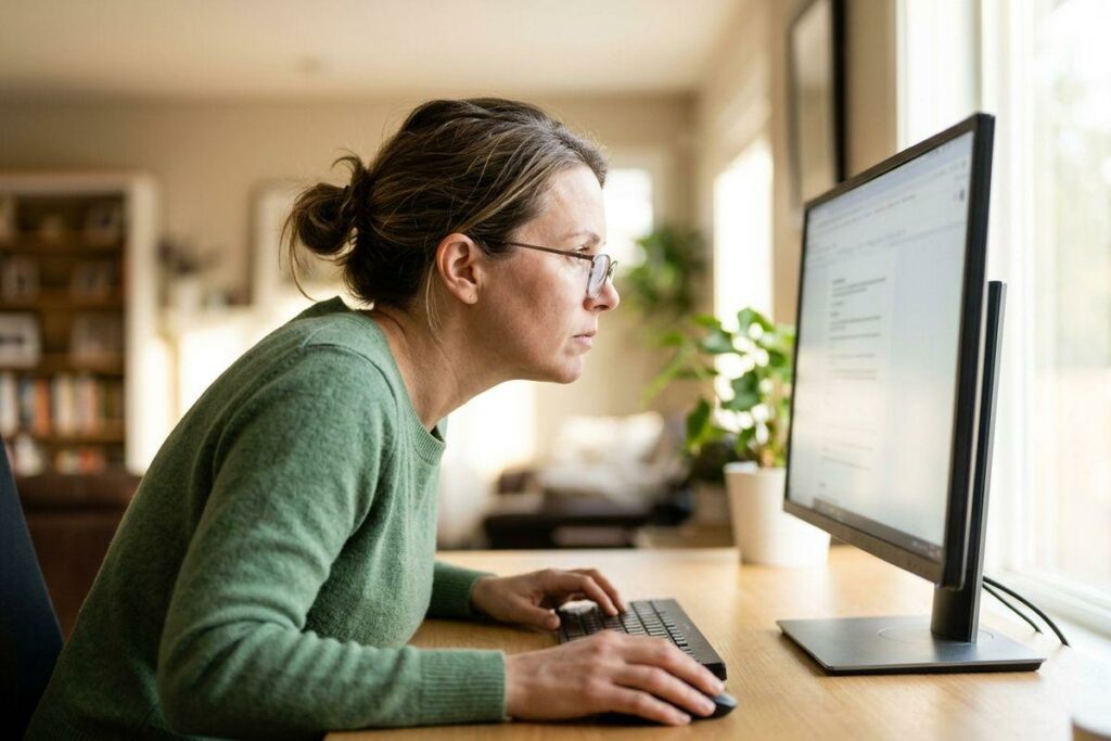 An adult in glasses and a green sweater leans in close to a desktop monitor at a home desk, focused, hands on the keyboard and mouse.