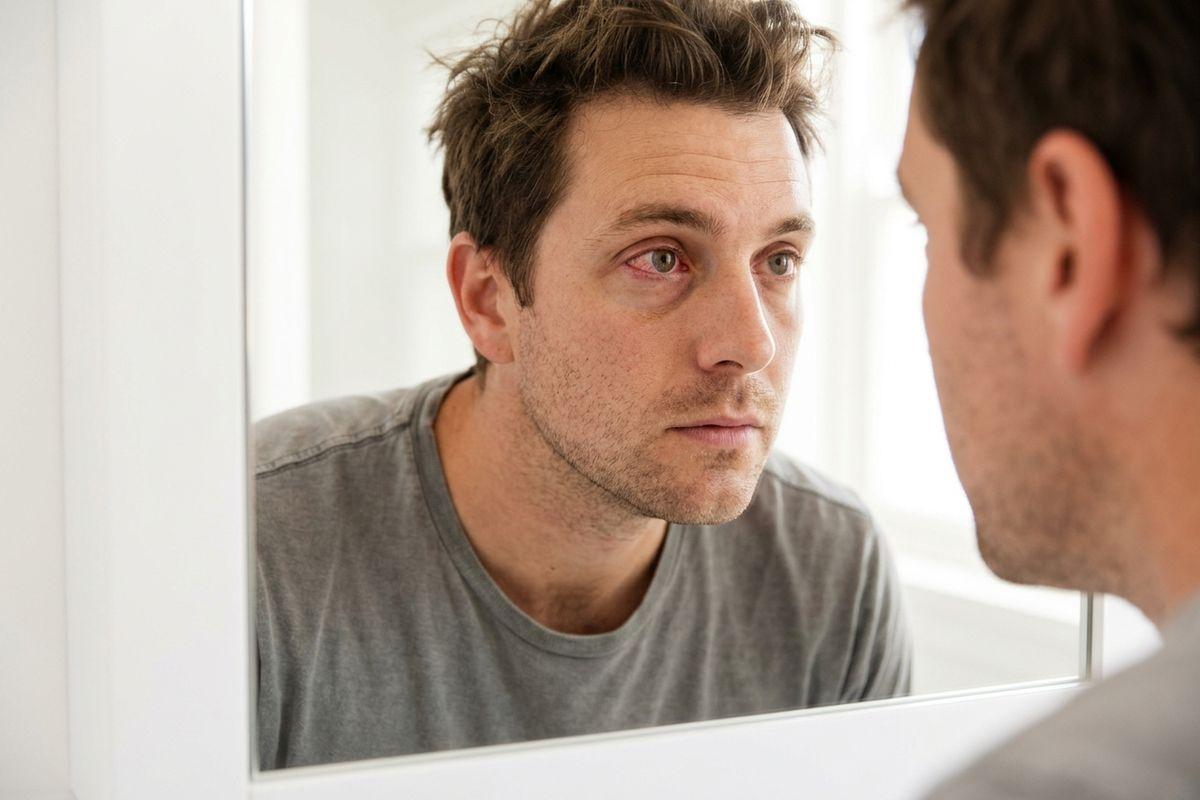 An adult with messy hair and stubble leaning toward a bathroom mirror, examining a reddened eye in the reflection.
